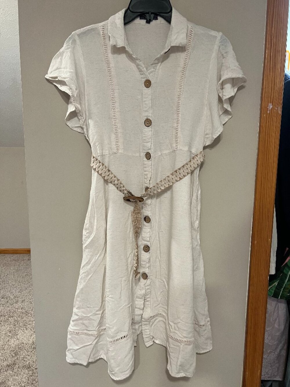 Code Linen Blend Midi Shirt Dress Women's Cream Belted Button Up Flutter Sleeve